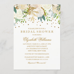 Floral Glitter Sparkling Gold Bridal Shower Invitation