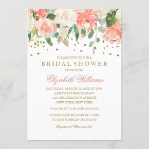 Floral Glitter Sparkling Peach Bridal Shower Invitation