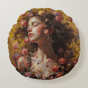 Floral Goddess Portrait – Round Art Pillow