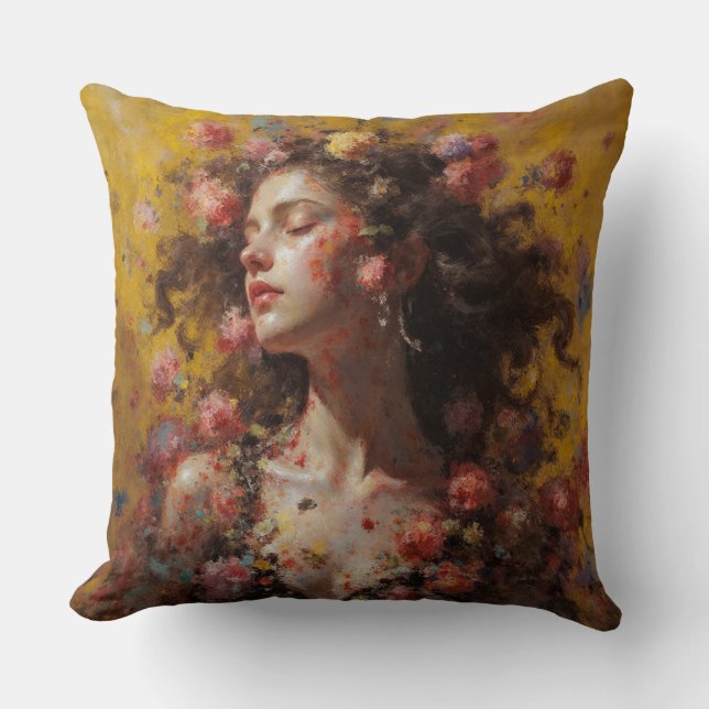 Floral Goddess Portrait – Square Art Pillow (Front)