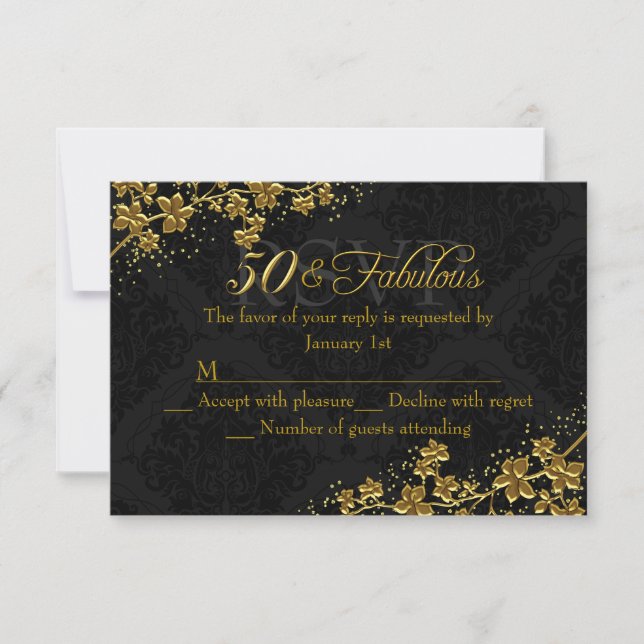 Floral Gold 50 & Fabulous Birthday RSVP Card (Front)