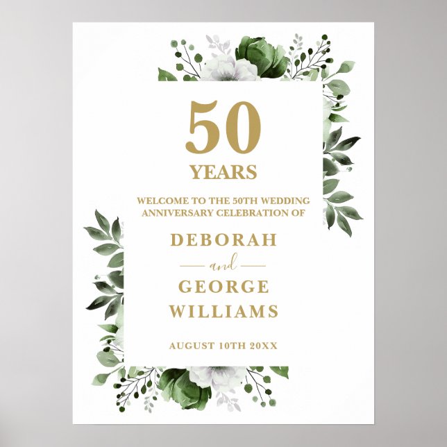 Floral Gold 50e Mariage Affiche de bienvenue anniv (Devant)