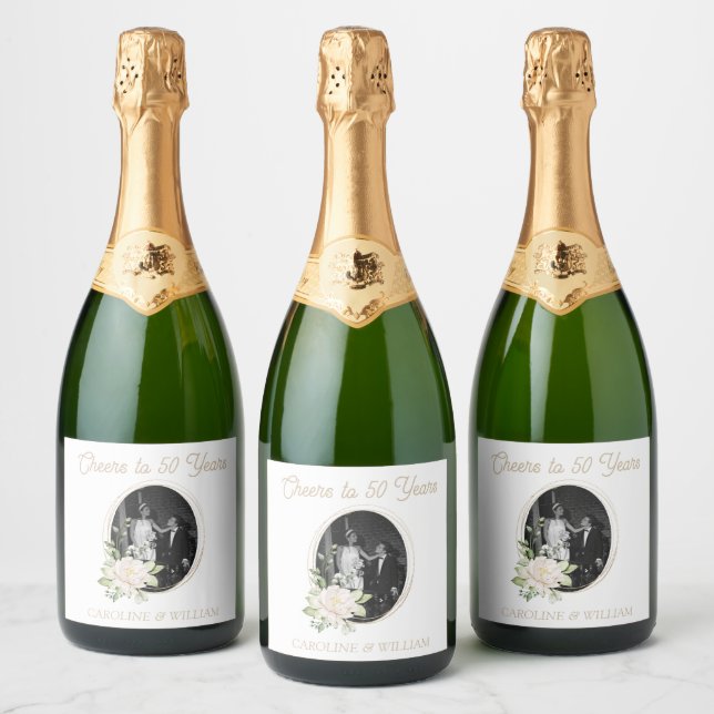 Floral & Gold 50th Anniversary Party Vin Étiquette (Bouteilles)
