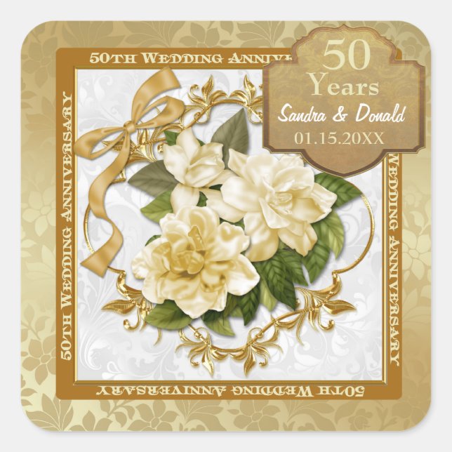 Floral Gold  50th Wedding Anniversary Square Sticker (Front)