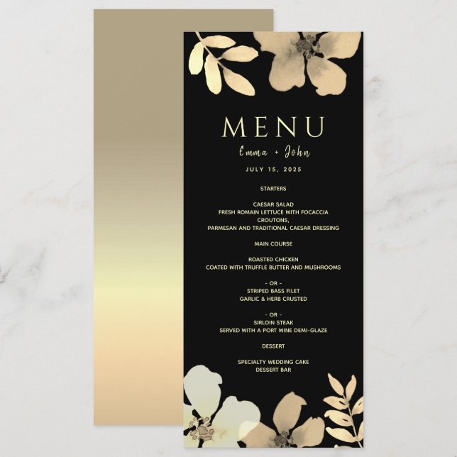 Floral Gold and Black Wedding Menu (Front/Back)