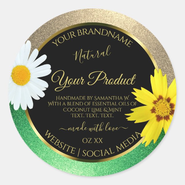 Floral Gold and Green Glitter Black Product Labels (Front)