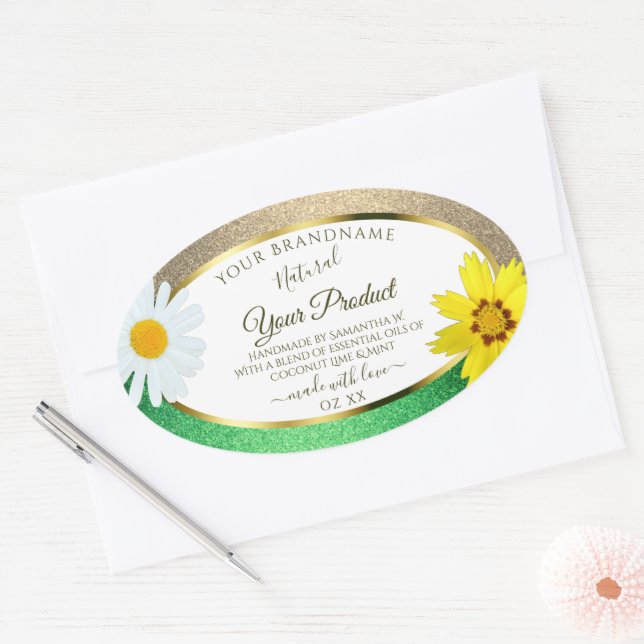 Floral Gold and Green Glitter White Product Labels (Envelope)