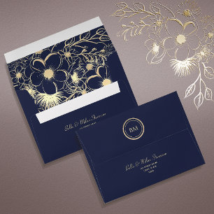 Floral Gold and Navy Blue Wedding Envelope