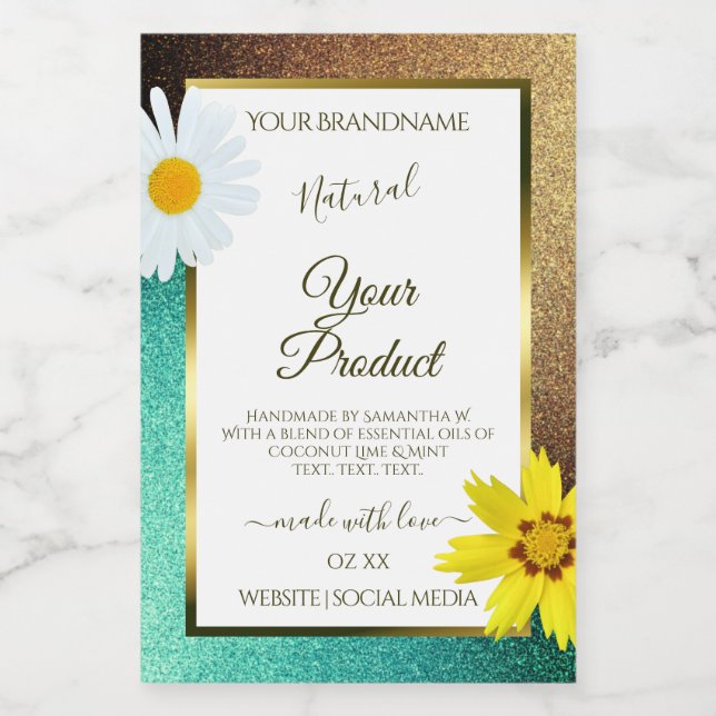 Floral Gold and Teal Glitter White Product Labels (Single Label)