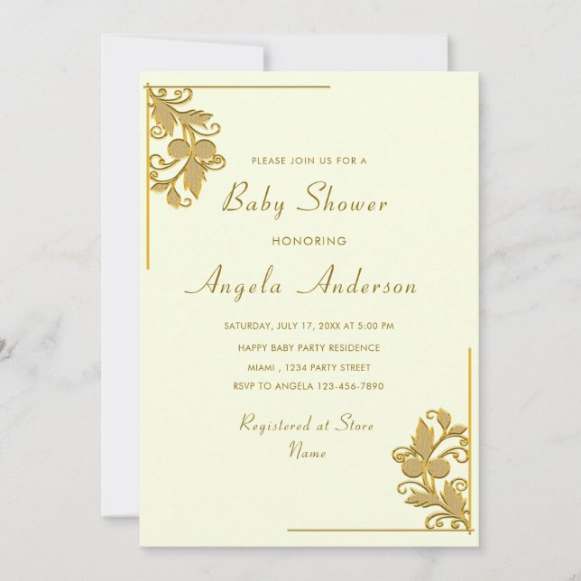 Floral Gold Baby Shower Invitation Example (Front)