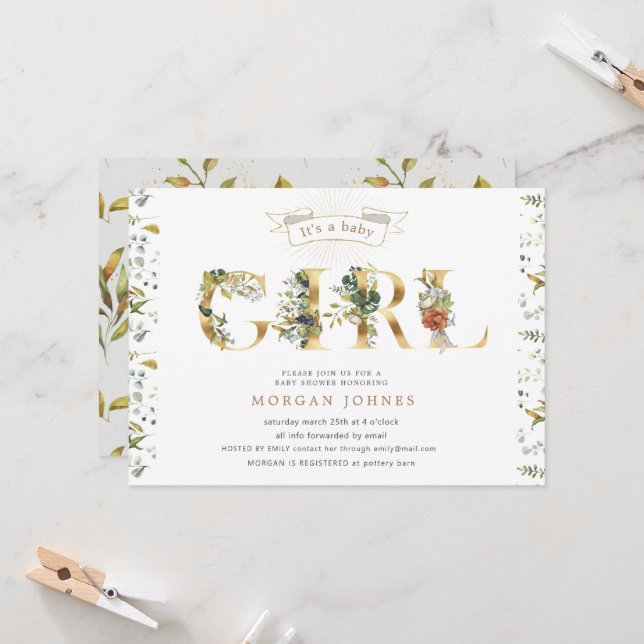floral gold baby shower it's a girl invitation (Front/Back In Situ)