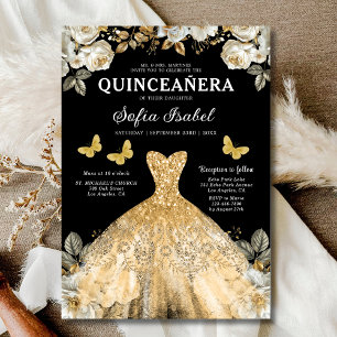 Floral Gold Bilingual Spanish Quinceanera Invitation