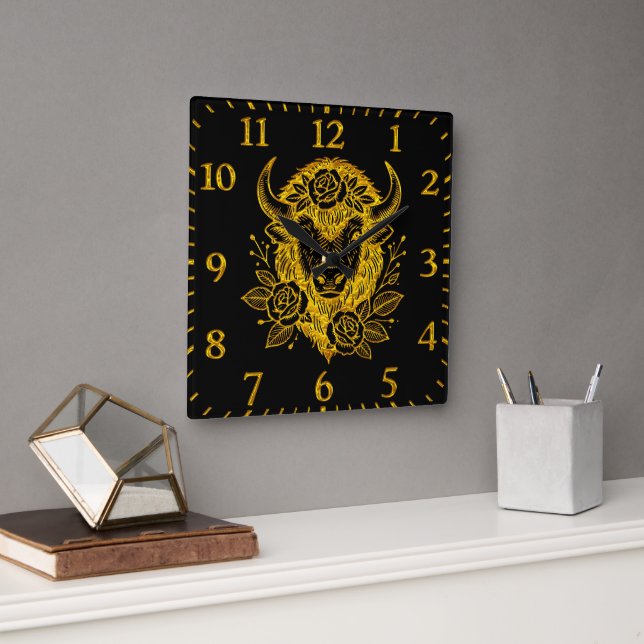 Floral Gold Bison Head Decor Square Wall Clock (Office)