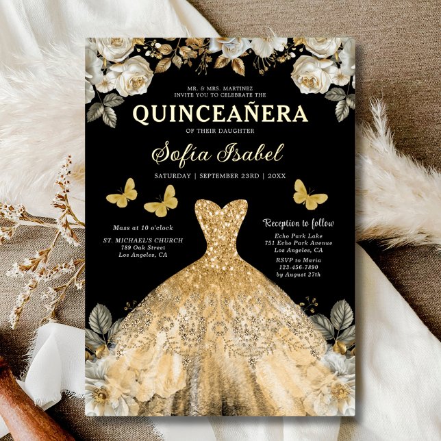 Floral Gold Black Butterfly Princess Quinceanera (Creator Uploaded)