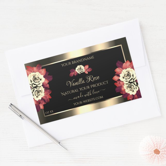 Floral Gold Black Product Labels Red Cream Roses (Envelope)