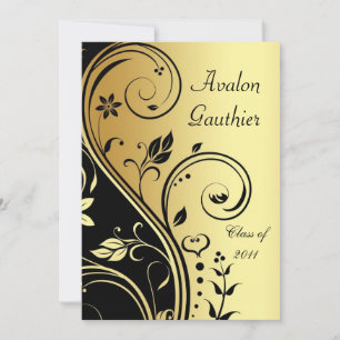Floral Gold & Black Scroll Graduation Invitation