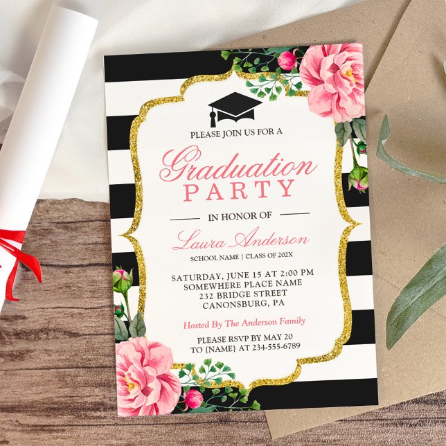 Floral Gold Black White Stripes Graduation Party Invitation (Creator Uploaded)