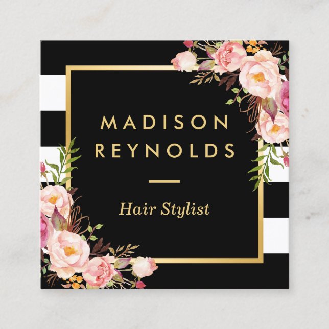 Floral Gold Black White Stripes Salon Appointment Card (Front)