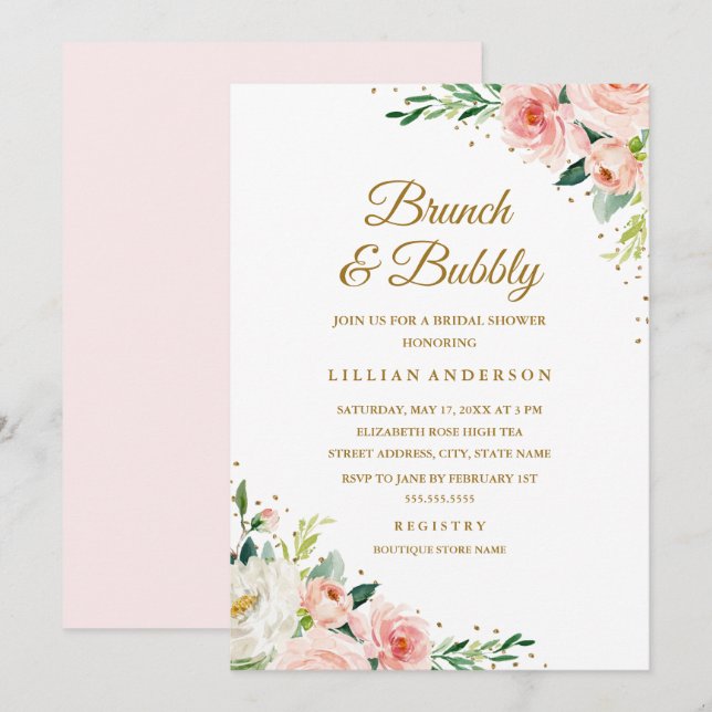 Floral Gold Blush Brunch And Bubbly Bridal Shower Invitation (Front/Back)