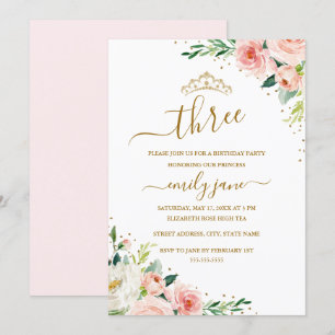 Floral Gold Blush Girl 3rd Birthday Party Invitation