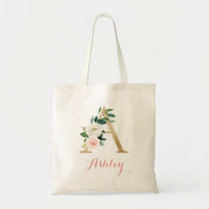 Floral Gold Blush Personalized Letter "A" Tote Bag
