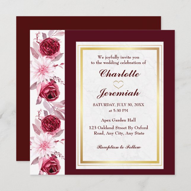Floral Gold Blush Pink Burgundy Script Wedding Invitation (Front/Back)