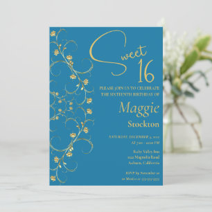 Floral Gold Border Sweet 16 Invitation