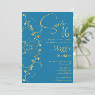 Floral Gold Border Sweet 16 Invitation