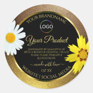 Floral Gold Brown Glitter Black Product Label Logo