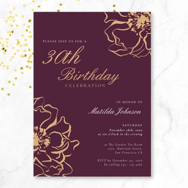 Floral Gold Burgundy 30th Birthday Invitation (Floral Gold Burgundy 30th Birthday Invitation)