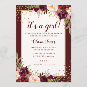 Floral Gold Burgundy Baby Shower Invitation
