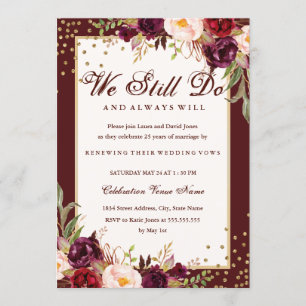 Floral Gold Burgundy Vow Renewal Anniversary Invitation