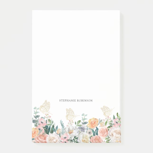 Floral Gold Butterfly Monogram Personalized  Post-it Notes (Front)