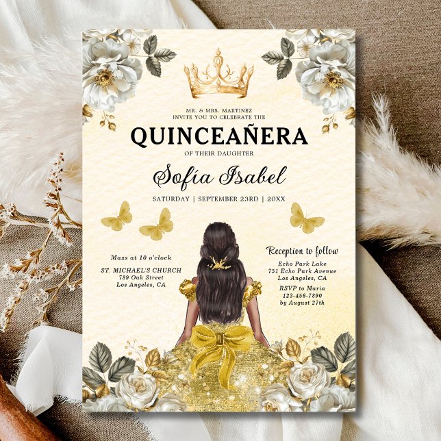 Floral Gold Butterfly Princess Quinceanera Invitation (Creator Uploaded)