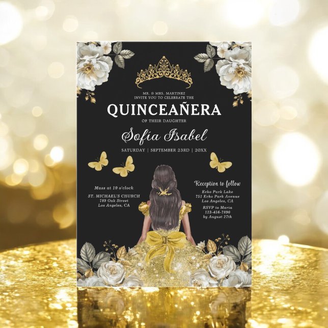 Floral Gold Butterfly Princess Quinceanera Invitation (Creator Uploaded)