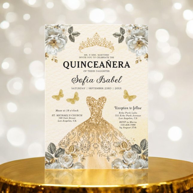 Floral Gold Butterfly Princess Quinceanera Invitation (Creator Uploaded)