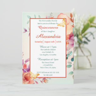 Floral Gold Butterfly Quinceanera Invitation