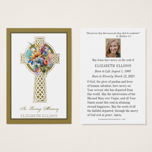 Floral Gold Celtic Cross  Funeral Prayer Card (Front & Back)