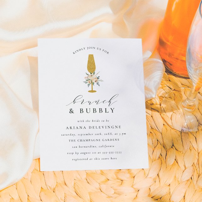 Floral Gold Champagne Flute Bridal Brunch & Bubbly Invitation Postcard (Creator Uploaded)