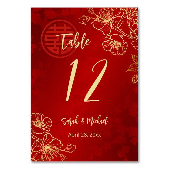 Floral Gold Chinese Wedding  Table Number (Front)