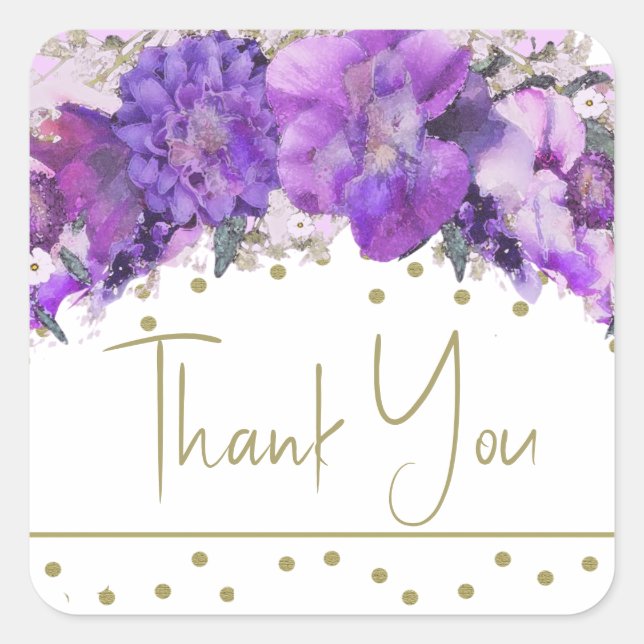Floral Gold Confetti Purple Thank You Square Sticker (Front)