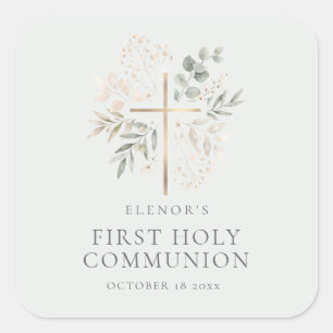 Floral Gold Cross First Holy Communion Sticker