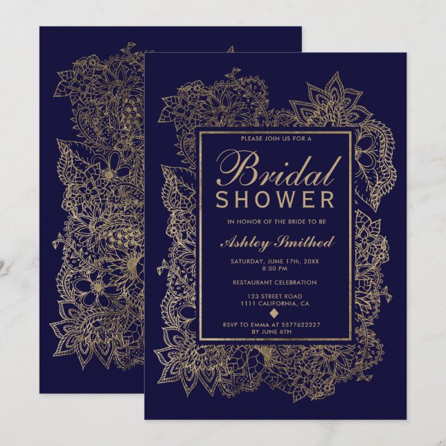 Floral gold emerald navy blue modern bridal shower invitation (Front/Back)