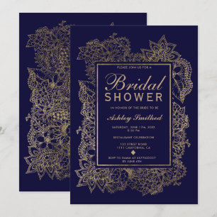 Floral gold emerald navy blue modern bridal shower invitation