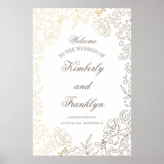 Floral Gold et White Énorme Affiche de bienvenue M (Devant)