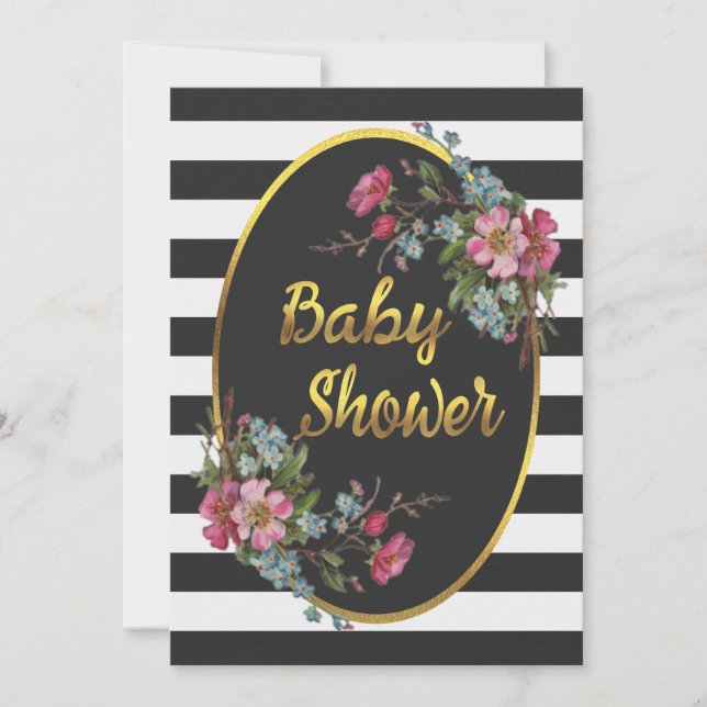 Floral Gold Foil Baby Shower Black White Stripes Invitation (Front)