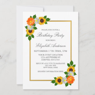 Floral Gold Frame Birthday Invitation