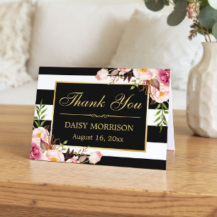 Floral Gold Frame Black White Stripes Thank You