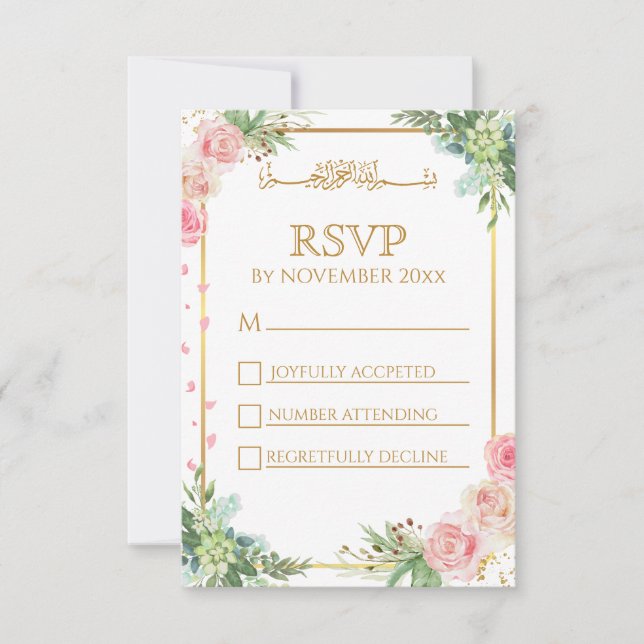 Floral Gold Frame Islamic Muslim wedding  RSVP Card (Front)