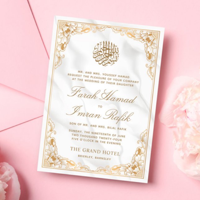 Floral Gold Frame Marble Islamic Muslim Wedding Invitation (Creator Uploaded)